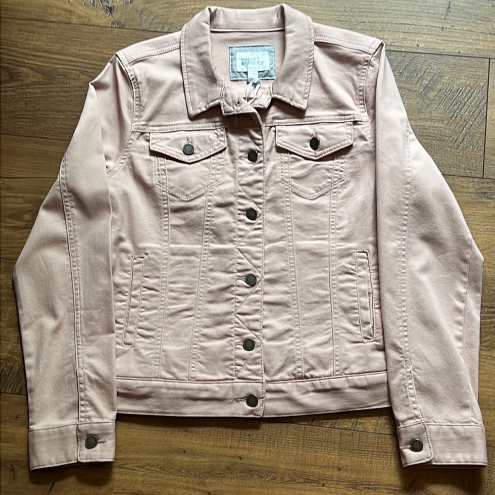 MARKET AND SPRUCE Camila Boyfriend Denim Jacket Solid Print Blush Unlined Lg - Picture 8 of 17